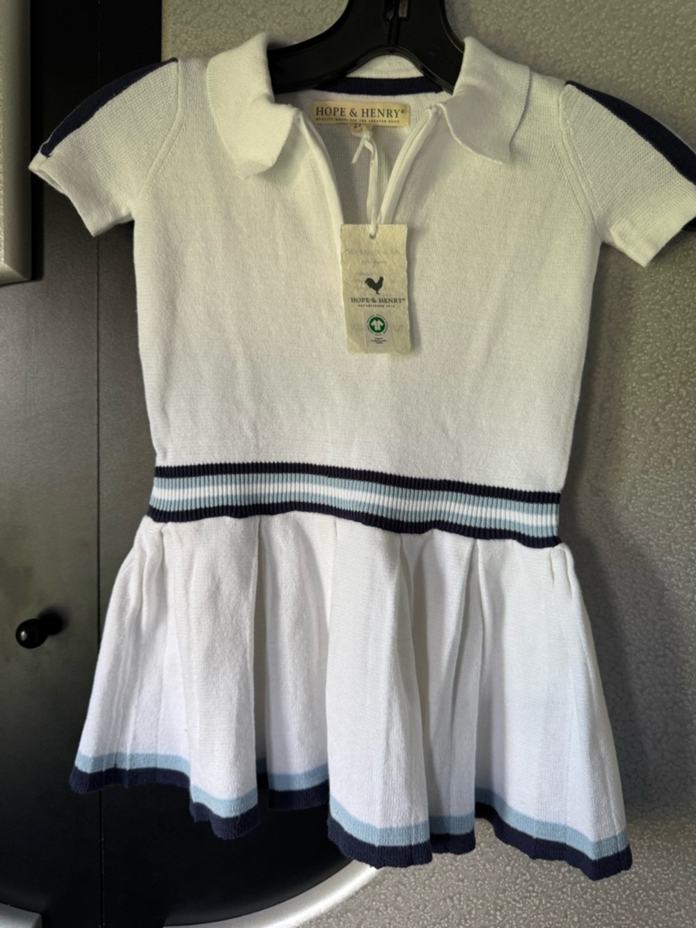 Hope & Henry White Knit Polo Dress with Navy & Light Blue Trim 100% Cotton